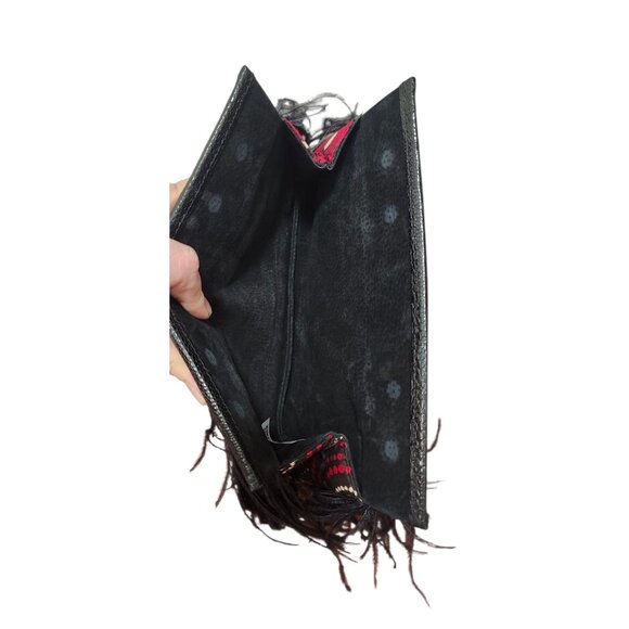 Black Leather Feather Clutch Bag Genuine Leather Evening Purse Boho Chic Handbag - Picture 10 of 15